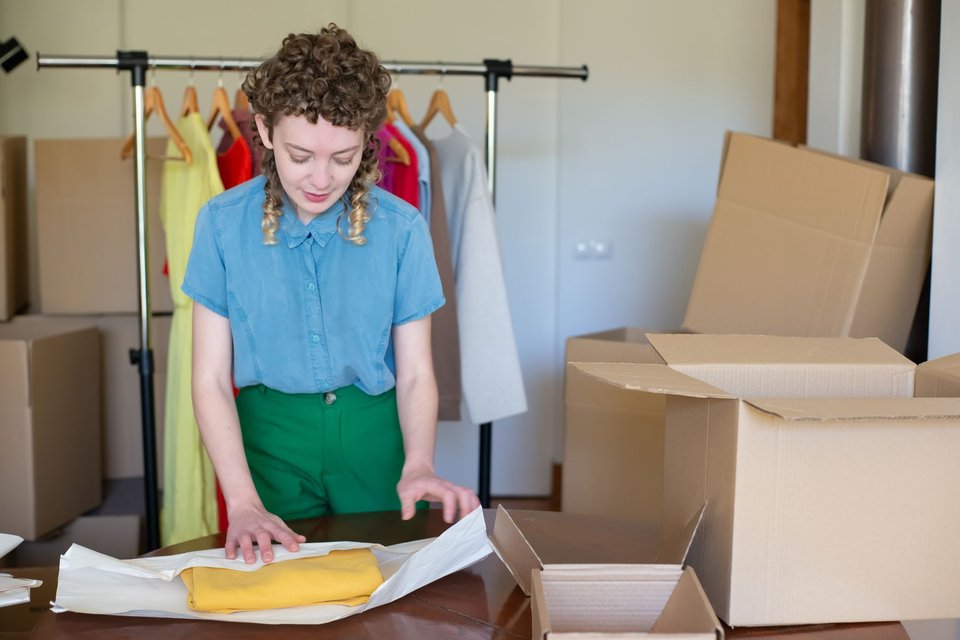 A woman wrapping a yellow garment at a table beside an open box.